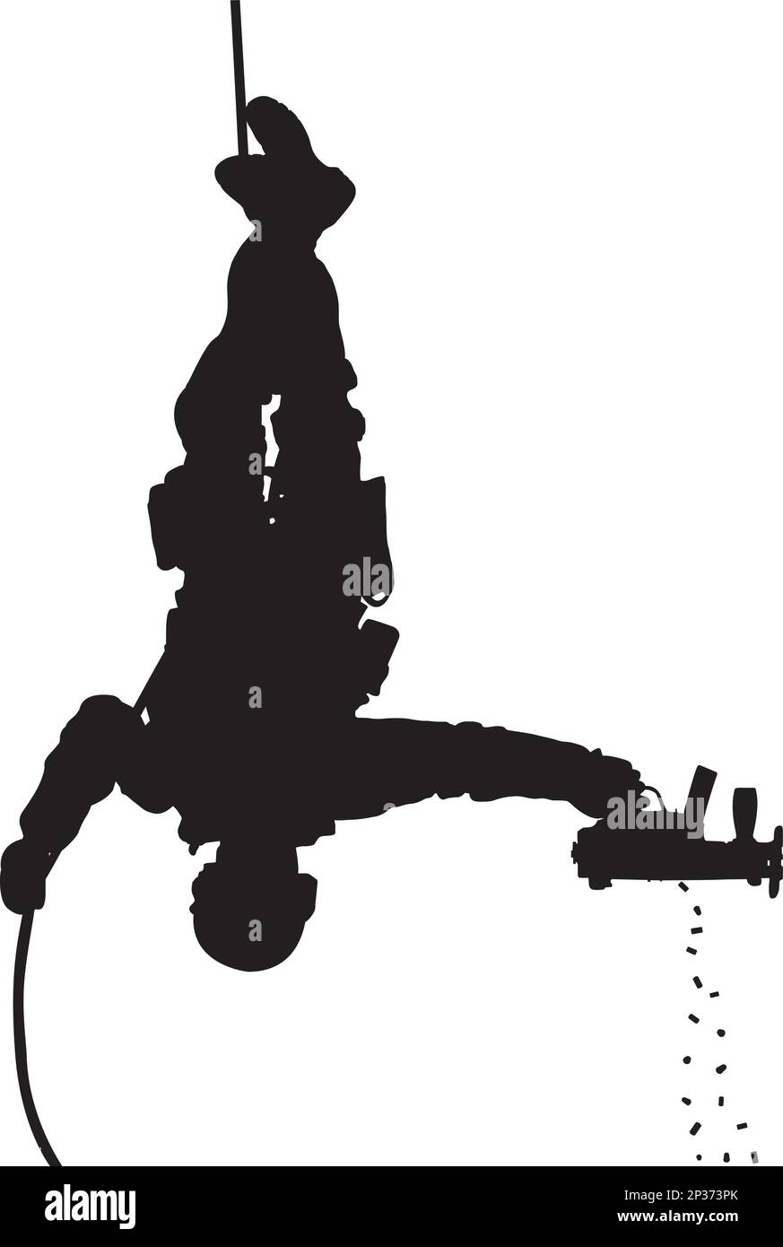 SWAT team soldier shooting while rappelling upside down vector silhouette. Fully editable Stock Vector
