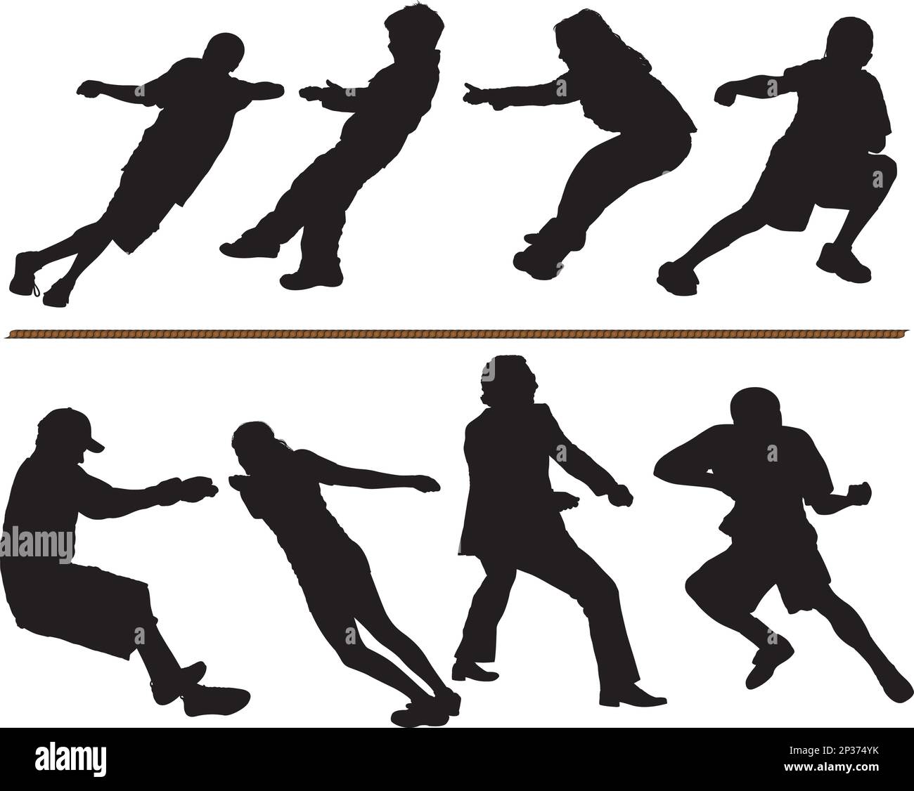 Tug of war or rope pulling vector silhouettes on white background