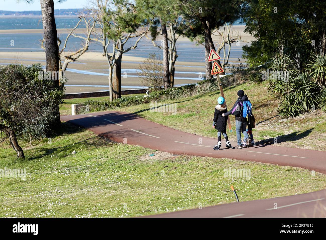 father teaching his daughters to rollerblade on a bike path Stock Photo