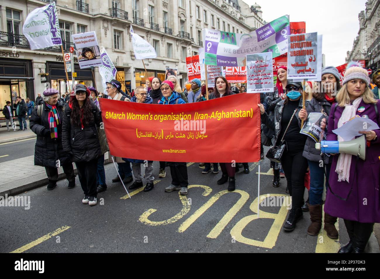 London, UK - March 4, 2023: Thousands of women, including Iranian and Afghan women carrying 'women's life freedom' slogans, marched in central London towards Trafalgar Square to protest against male violence and for gender equality. The march and rally were part of the annual Million Women Rise event held to commemorate International Women's Day. Credit: Sinai Noor / Alamy Live News Stock Photo