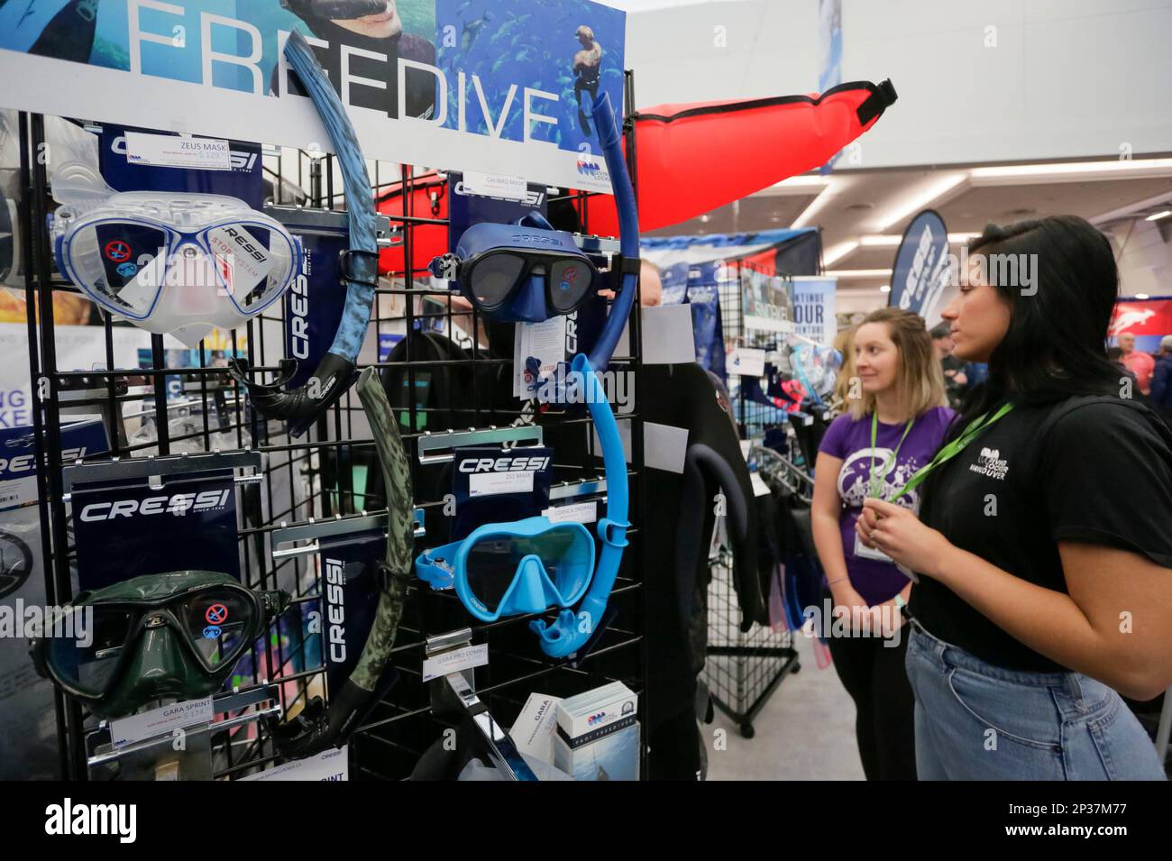 Vancouver, Canada. 4th Mar, 2023. People look at diving products during