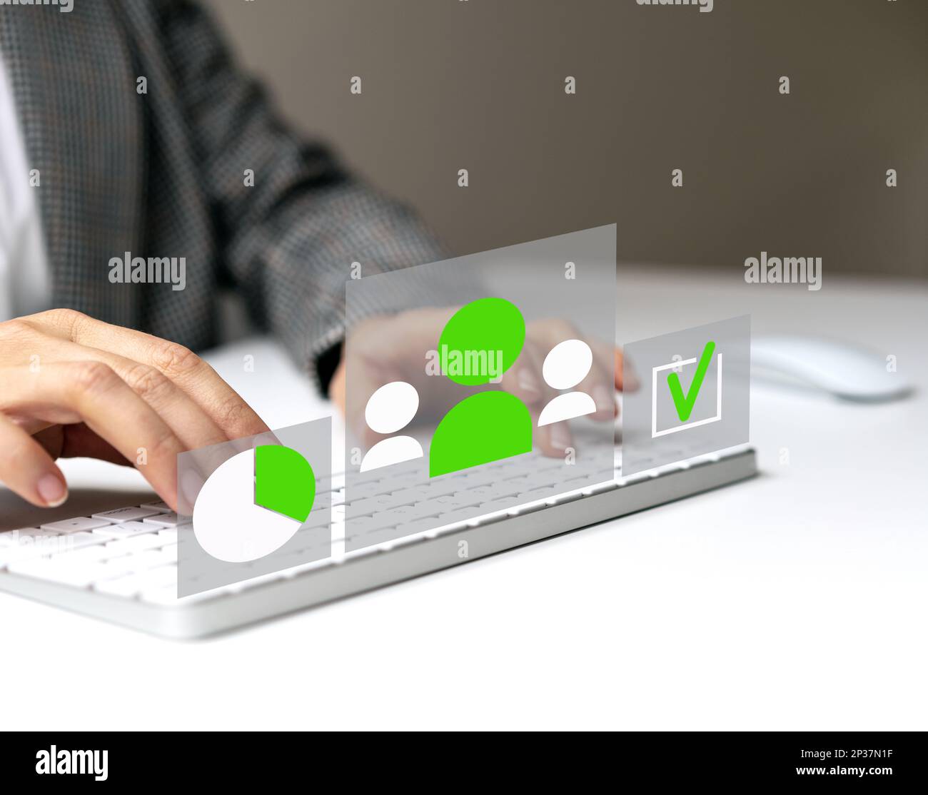 Infographic of employee assessment, HRM manager working on computer with virtual screen. Stock Photo
