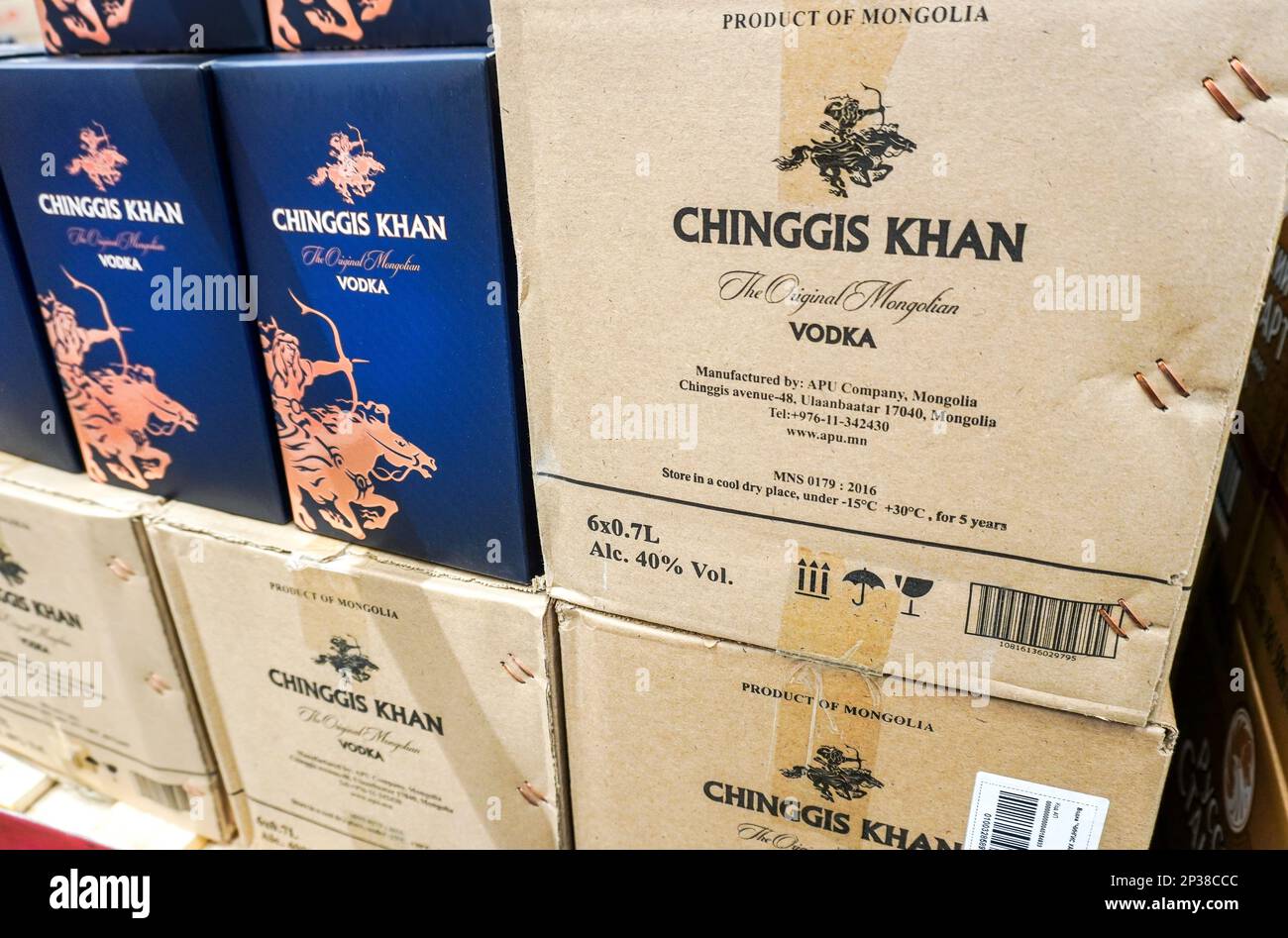 Samara, Russia - March 2, 2023: Chinggis Khan original mongolian vodka
