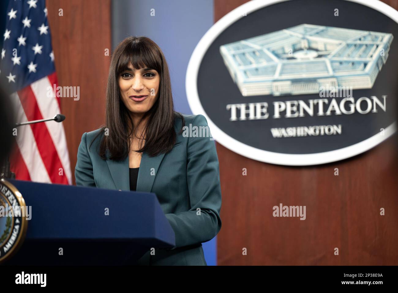 Pentagon Deputy Press Secretary Sabrina Singh holds a press briefing in the Pentagon Press Briefing Room, Washington, D.C., Jan. 19, 2023. Stock Photo