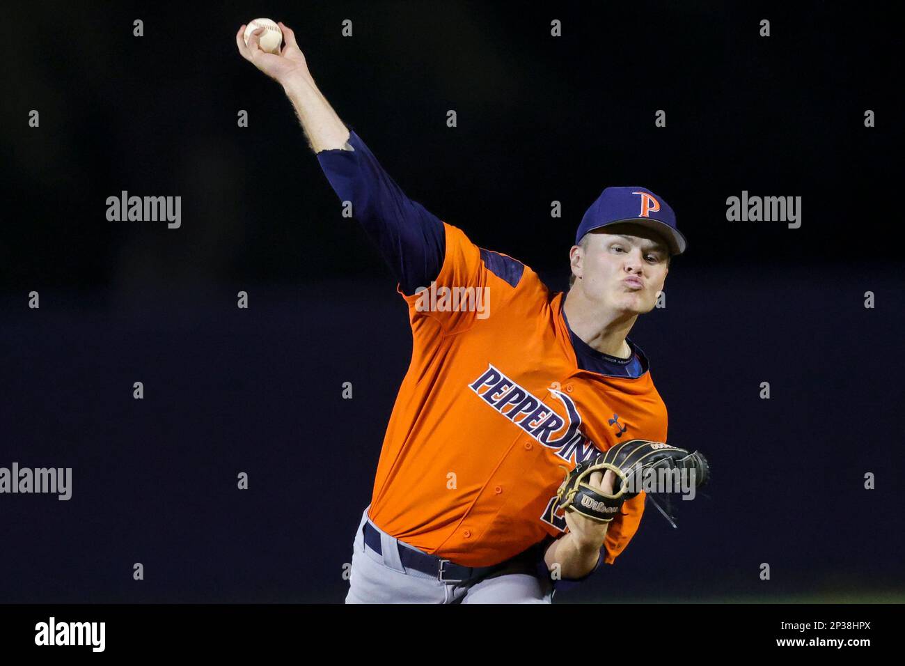 Mobile, Alabama, USA. 03rd Mar, 2022. Pepperdine pitcher Jack Baird (28