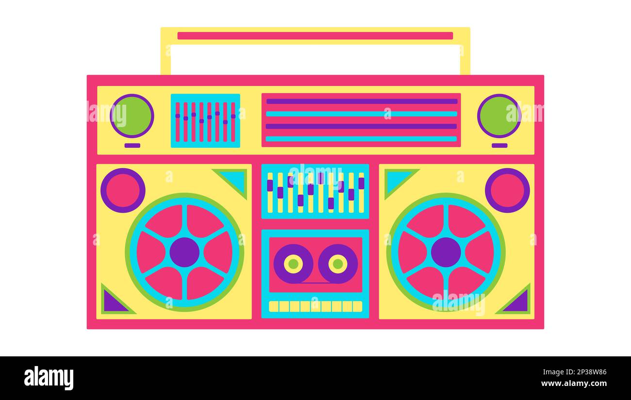Neon retro cassette tape recorder Retro cartoon vector illustration on white background. Stock Vector