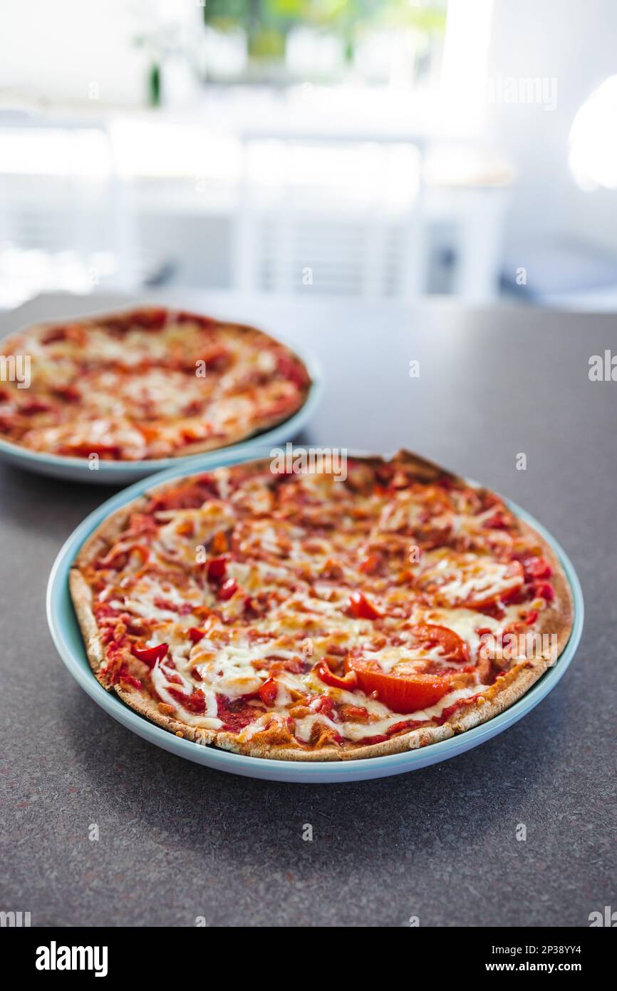 vegetarian pizza with capsicum and plant-based bacon, healthy vegan food recipes Stock Photo