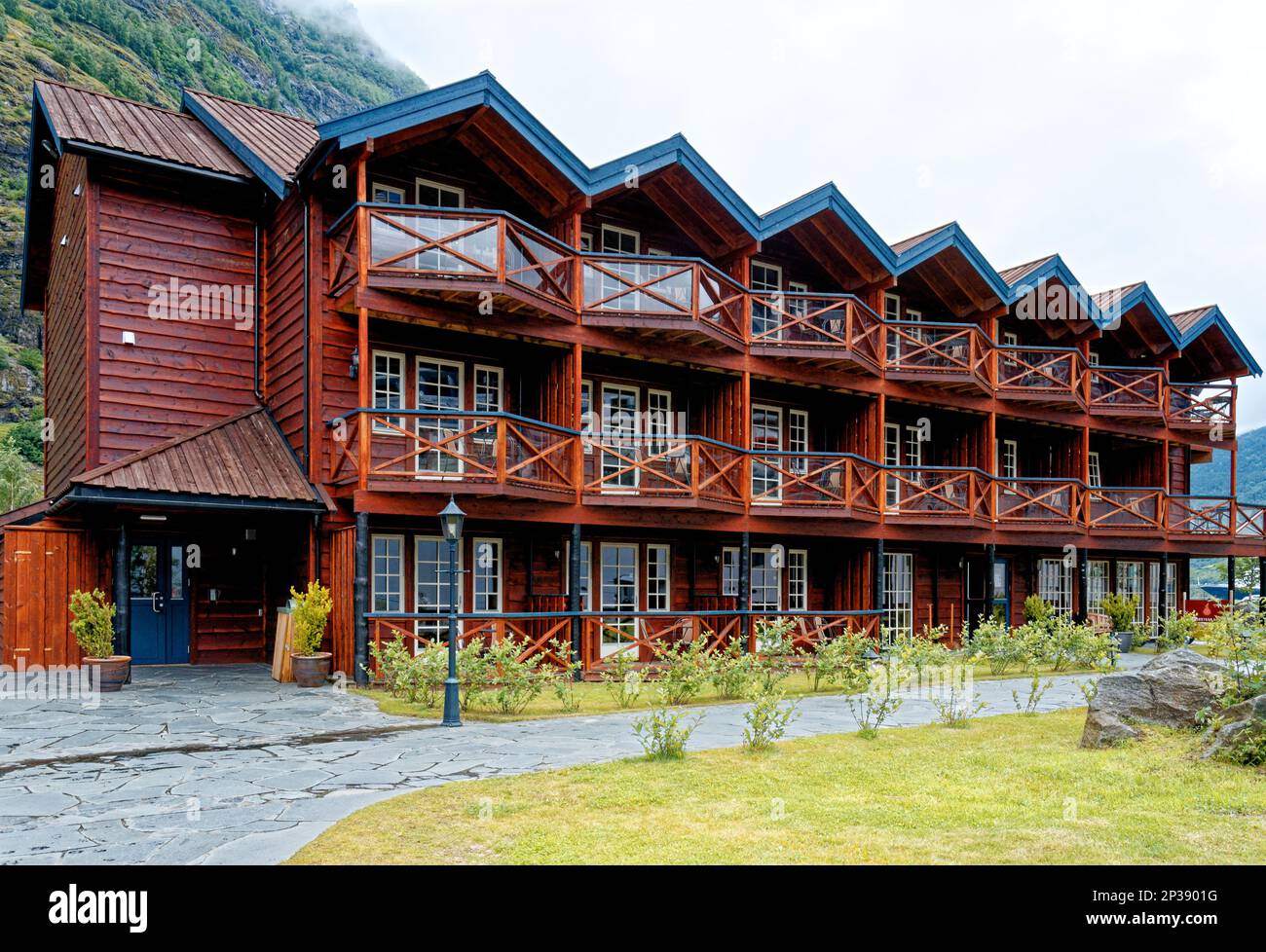Travel destination north of Europe: Flamsbrygga Hotel in the village of Flam at the southern end of Aurlandsfjorden western Norway. 15th of July 2012 Stock Photo