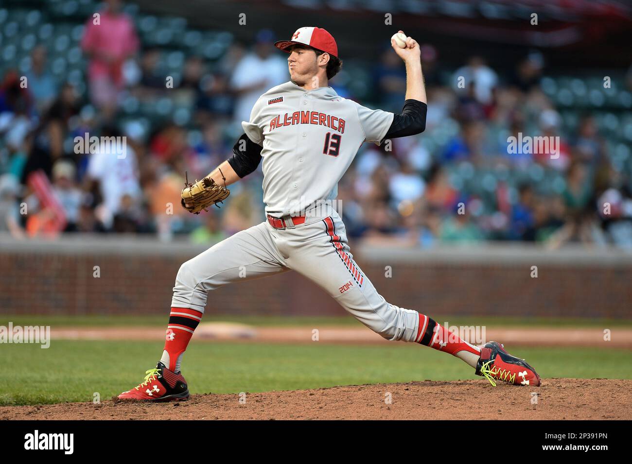 Hunter Bowling (13) of American Heritage High School in Lake Worth, Florida  during the Under Armour All-American Game on August 16, 2014 at Wrigley  Field in Chicago, Illinois. (Mike Janes/Four Seam Images