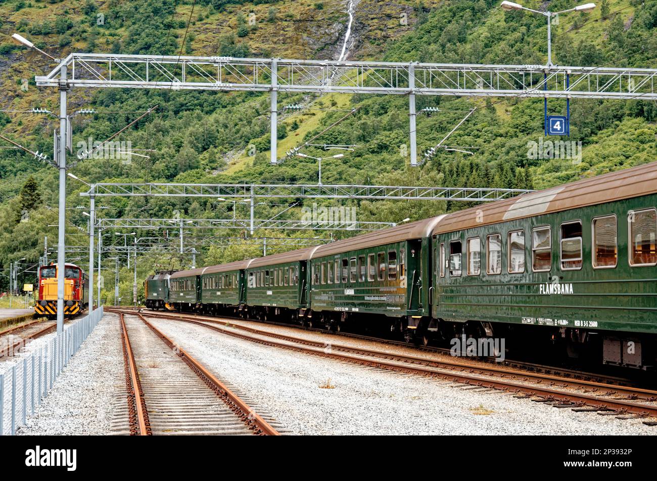 Travel destination north of Europe: Flam Line train (Flamsbana) at the railway station in Flam, Aurlandsfjorden, Sognefjord, Sogn og Fjordane, Norway. Stock Photo