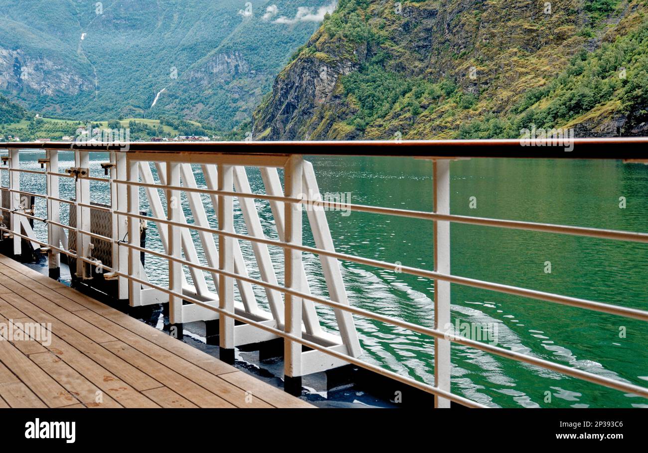 Travel destination north of Europe: View of Aurlandsfjord on approach to Flaam, Norway. Beautiful view of Norwegian Fjord from a cruise boat trip. 15t Stock Photo