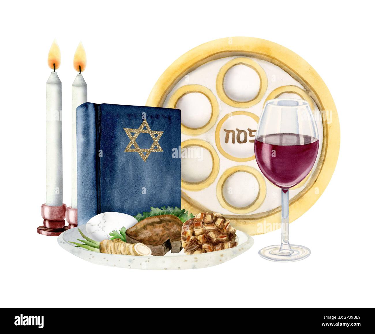 Watercolor Passover seder composition with traditional meal, red wine glass, Haggadah and