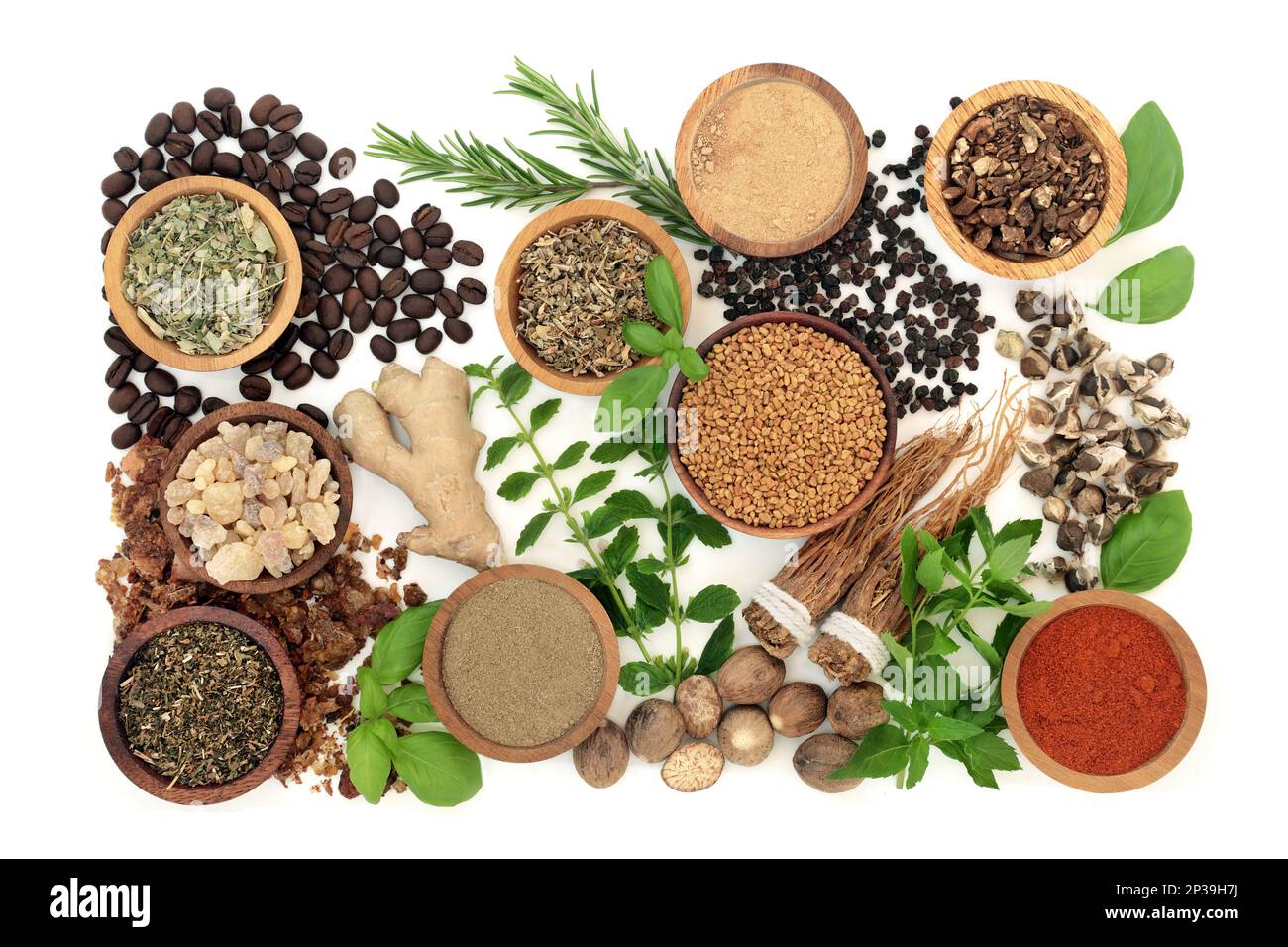 Nervine food ingredients with herbs, spices. Health food nerve tonic ingredients to stimulate and support the nervous system. Healthy  adaptogen foods. Stock Photo