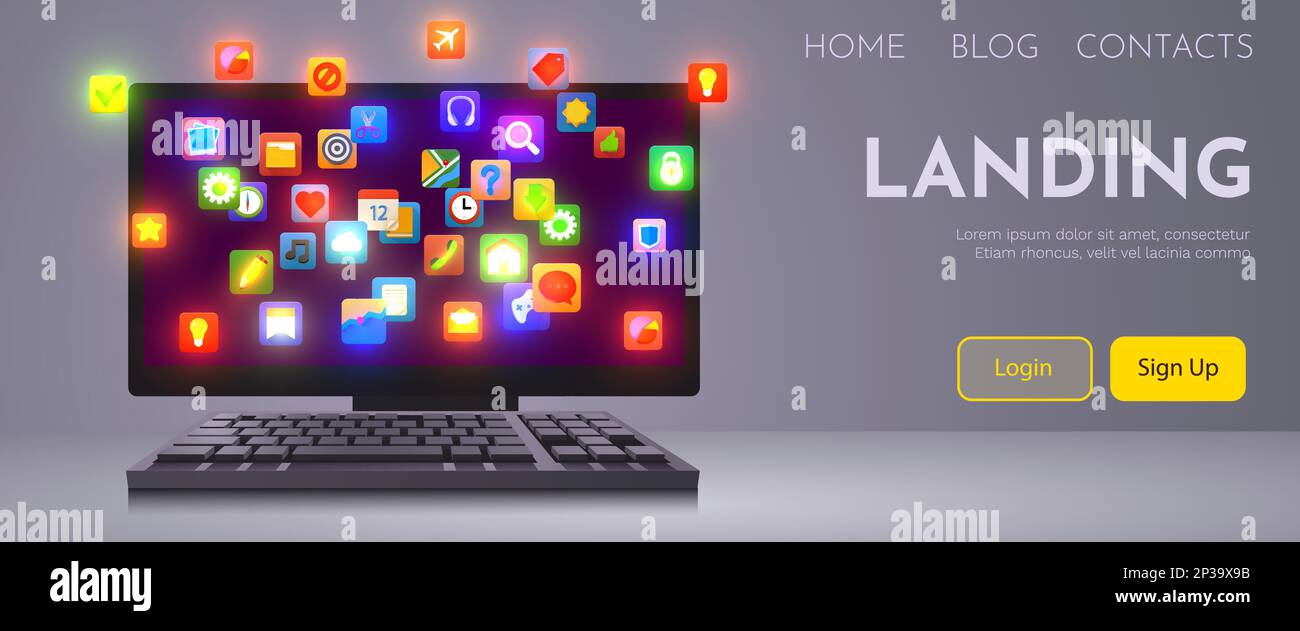 Computer with cloud of app icons on the screen. Application store ...