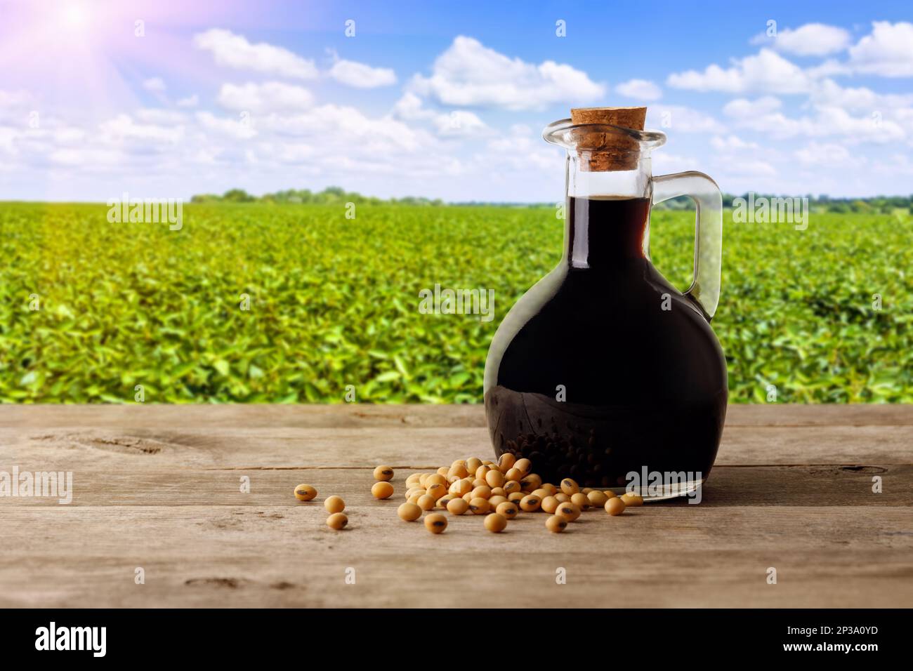 soy sauce in glass bottle with soybeans on wooden table and green agriculture field Stock Photo