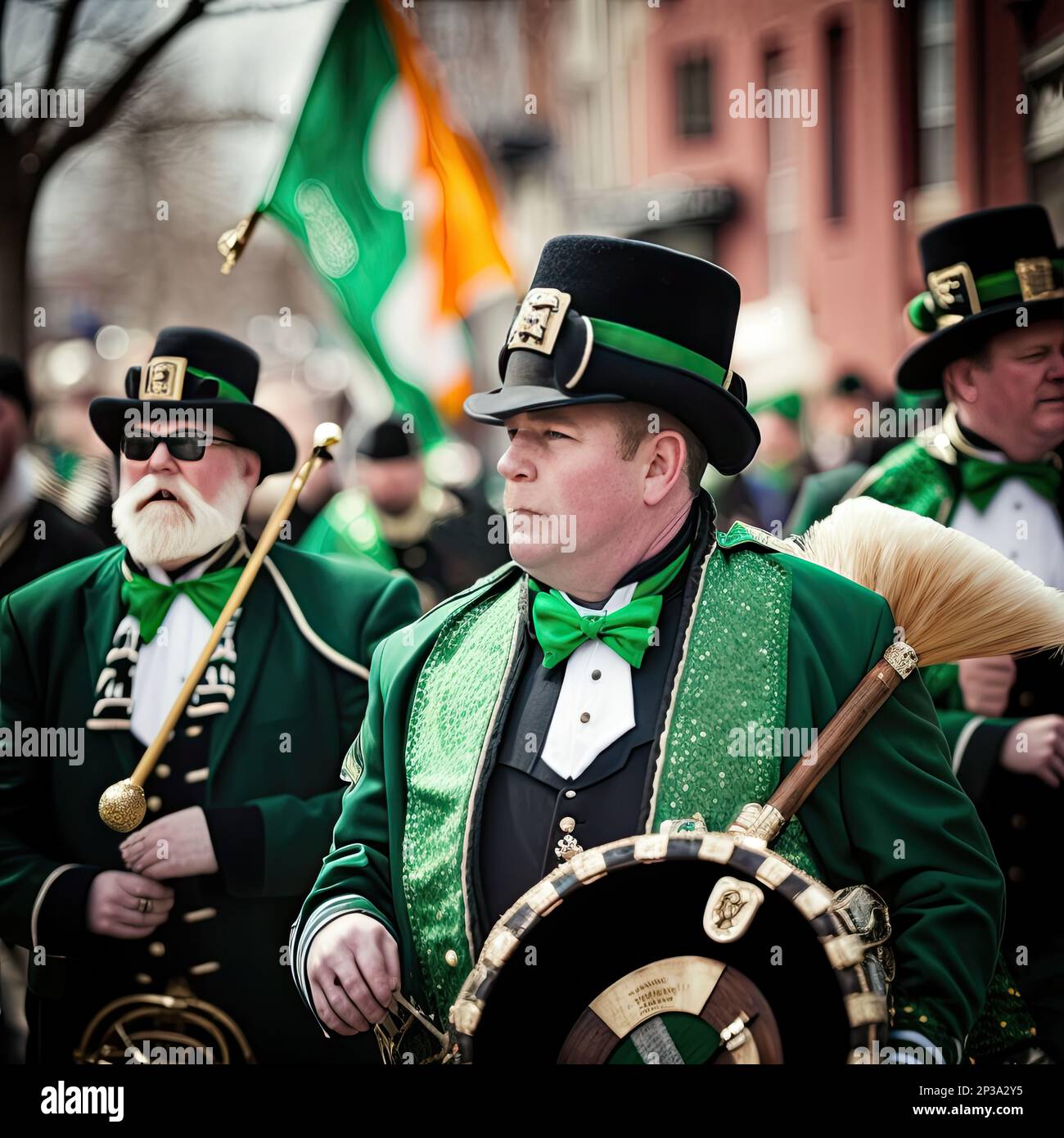typical irish music band celebrating St patricks day on street full of