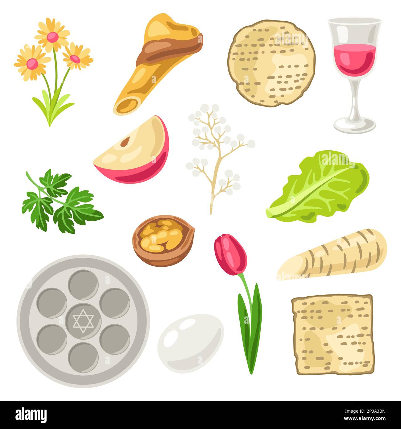 Set of Happy Pesach Jewish Passover plate objects. Holiday celebration traditional symbols. Stock Vector
