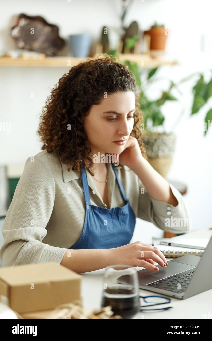 Potter entrepreneur using laptop in workshop, smiling Stock Photo