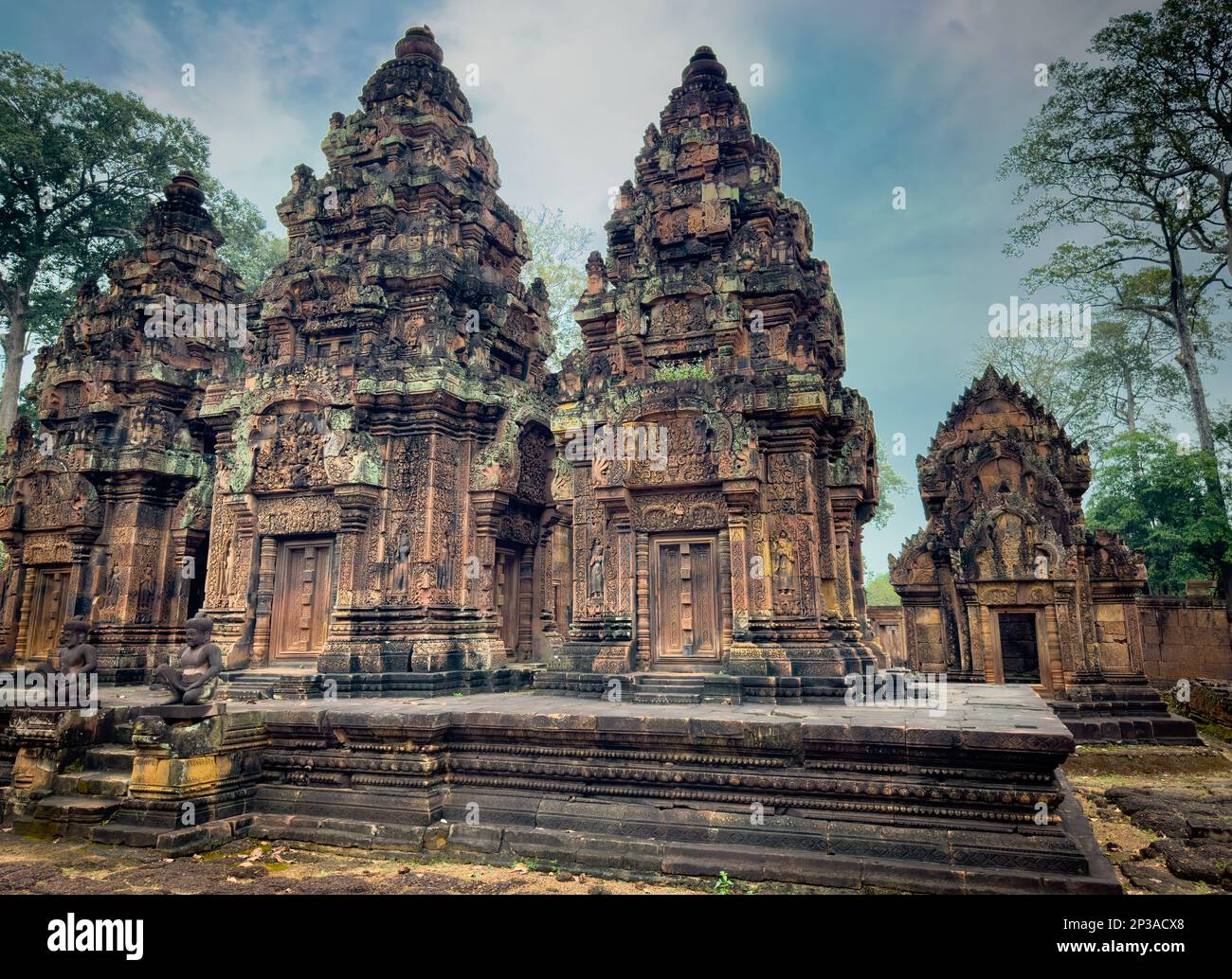 The inner compund of the elaborate 10th century Banteay Srey temple within the Angkor area near Siem Reap in Cambodia. Stock Photo
