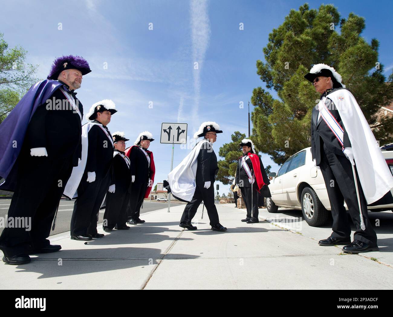 The Honor Guard of the Knights of Columbus prepare to escort The Most  Reverend Bishop Rutiiio del Riego on a walk along Mountain View Street  prior to a ceremony to dedicate a