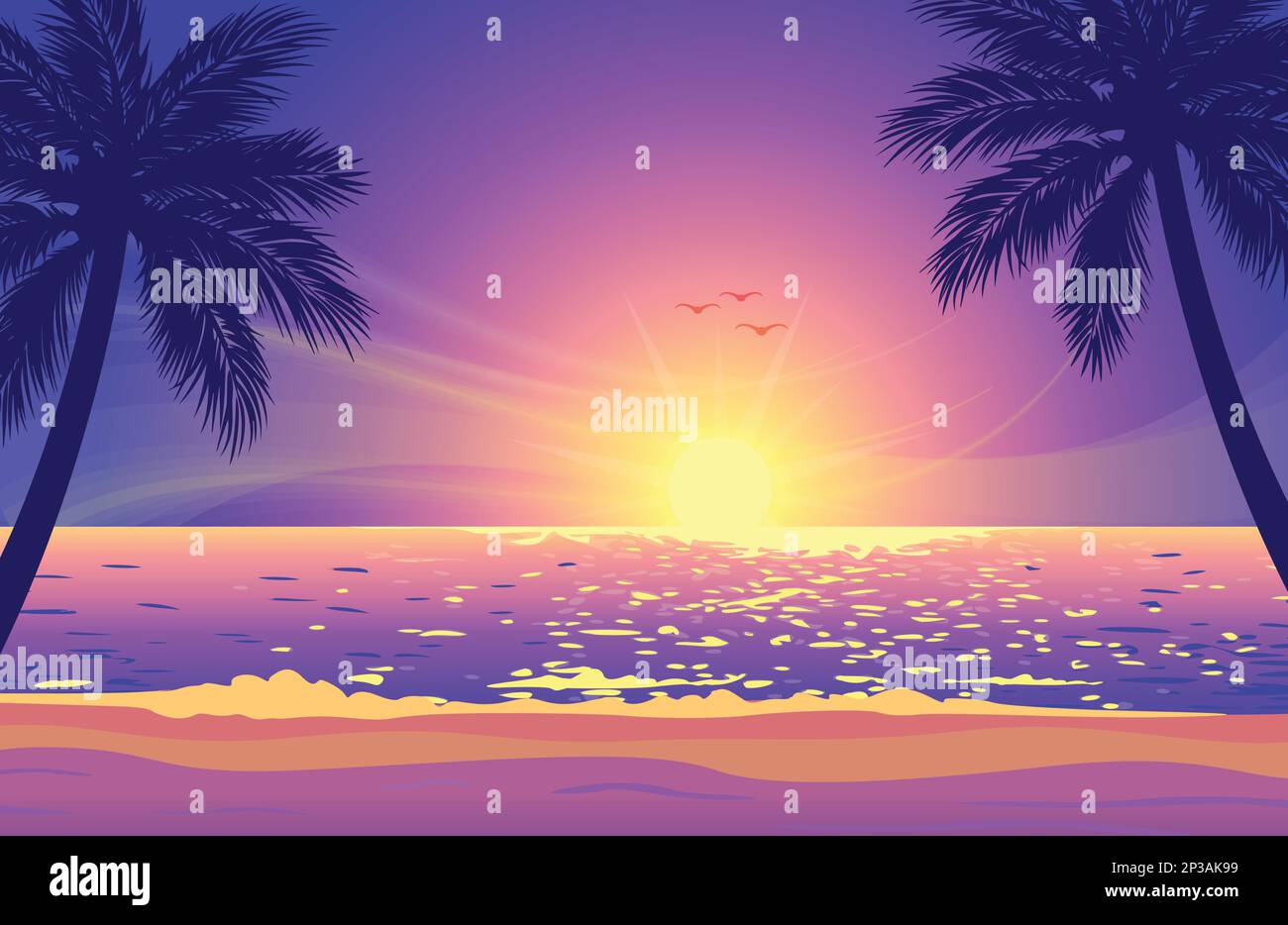 warm tropical beach purple pink orange sunset background with palm ...