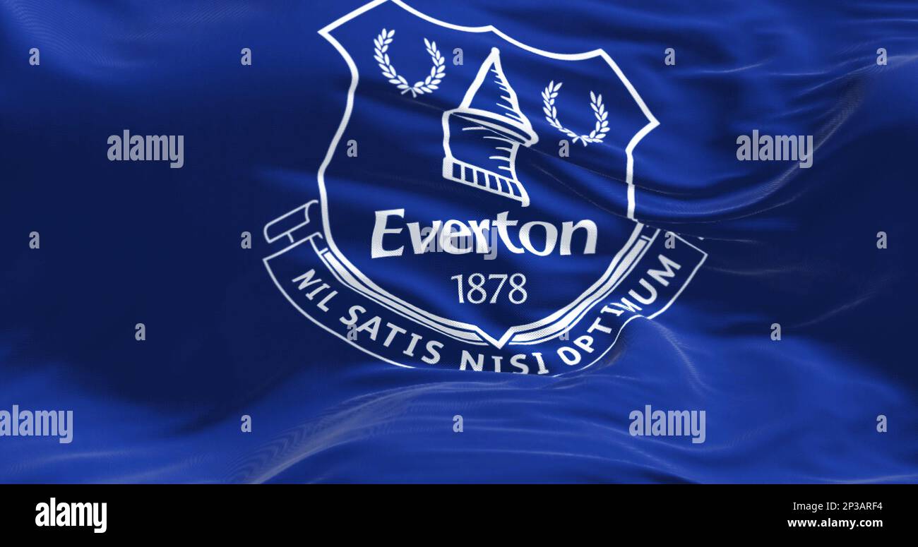 Liverpool, UK, sept 2022 Everton FC flag waving. Everton is a