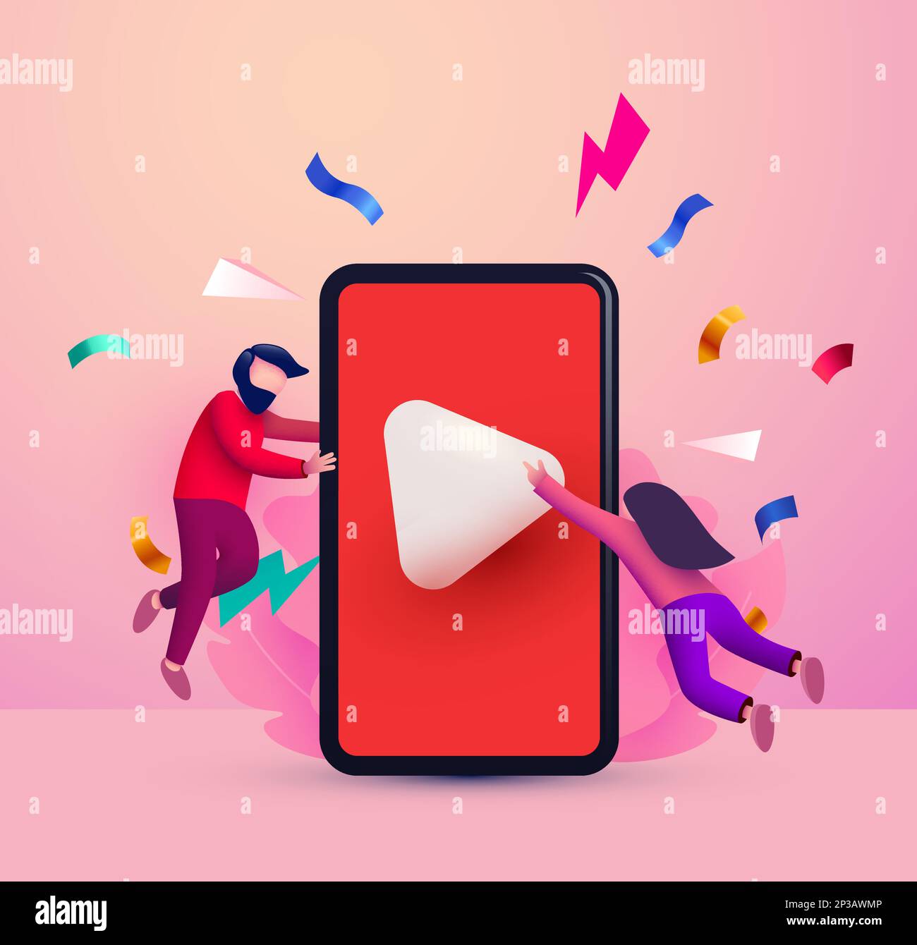 Phone with video player and small people flying around. Video streaming and vlog concept. Vector illustration for web sites and banners design Stock Vector