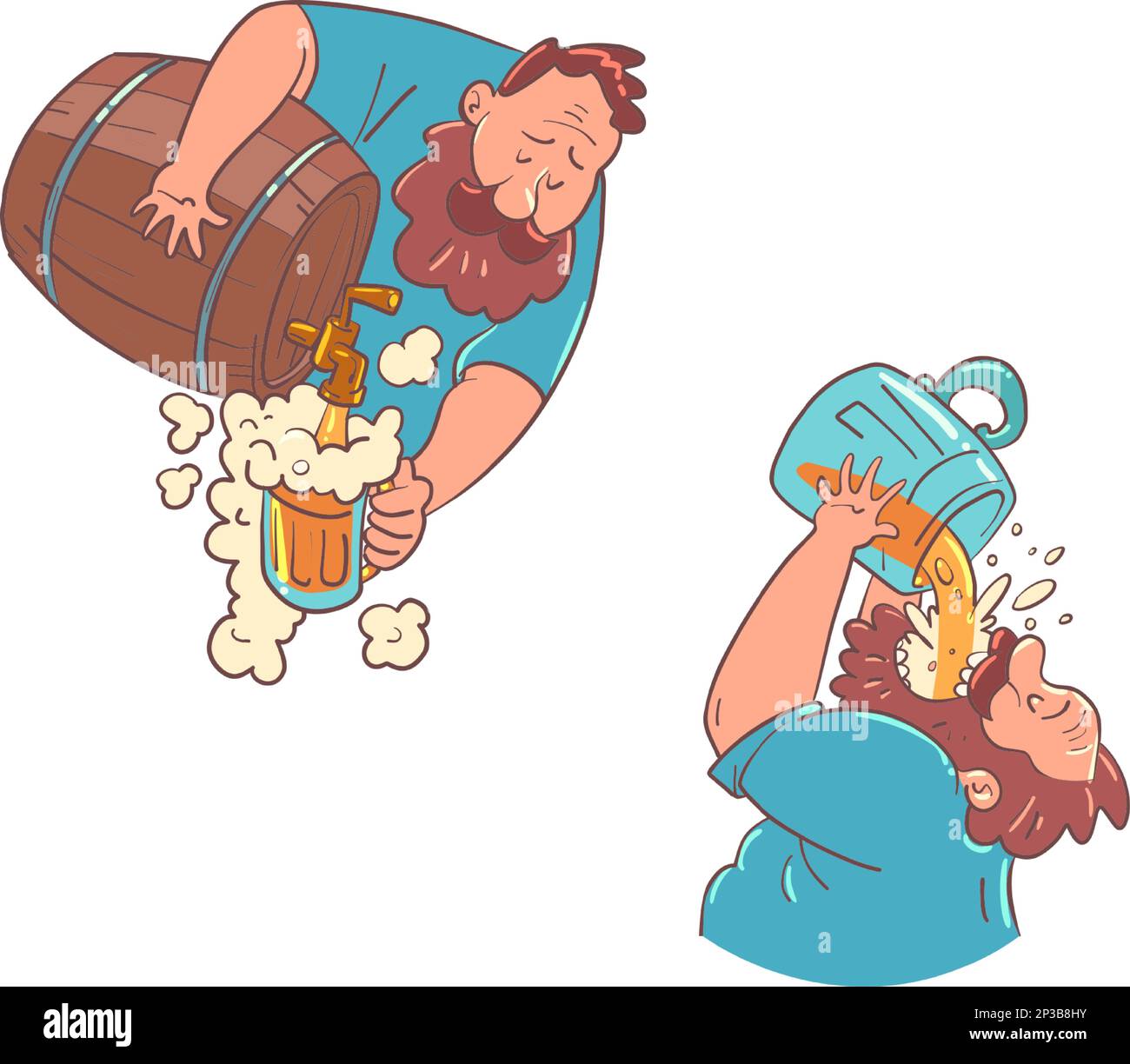 beer festival, oktoberfest, pub A man with a beard in a blue T-shirt drinks a keg of beer. Alcohol consumption. Stock Vector
