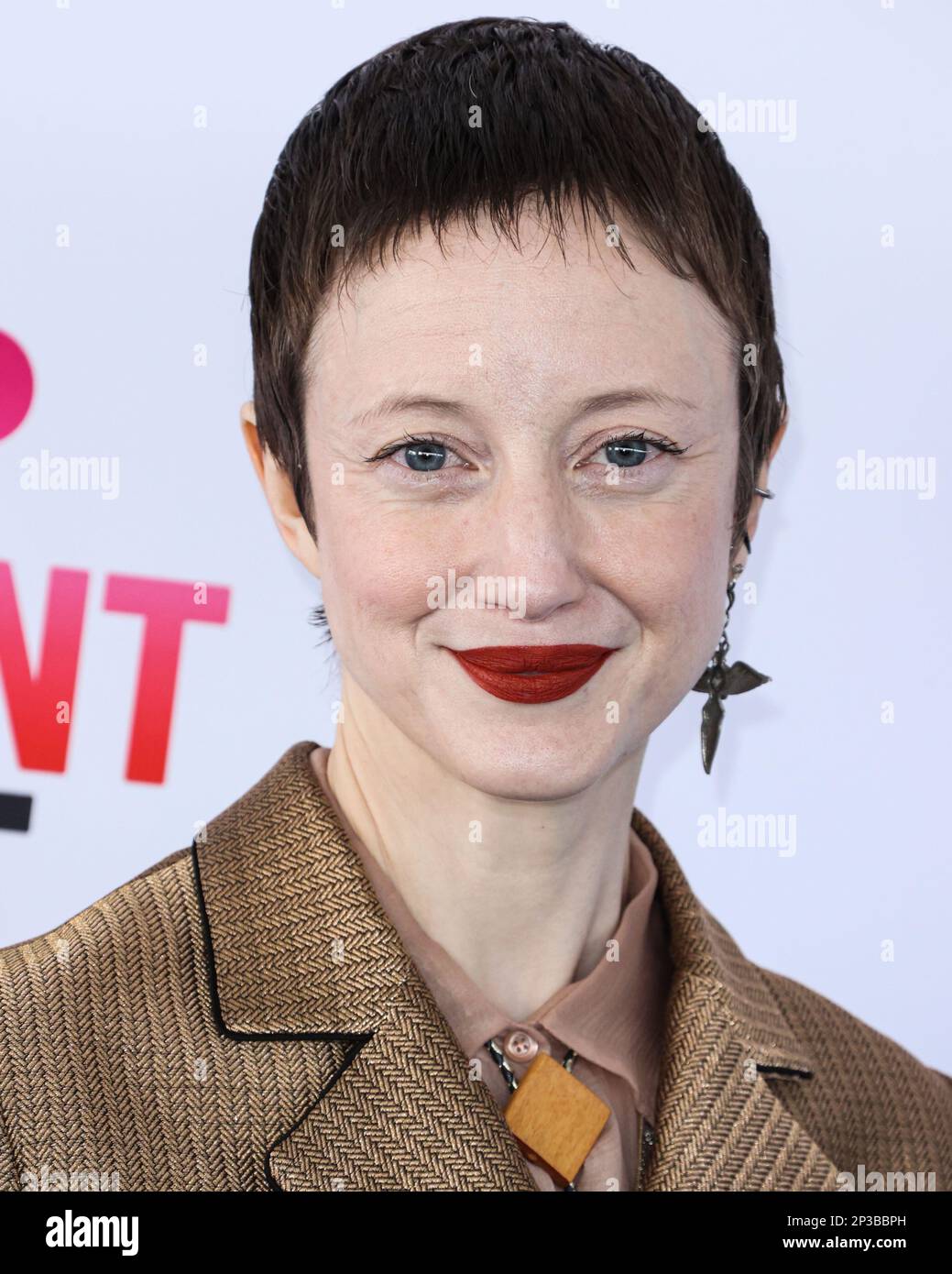 SANTA MONICA, LOS ANGELES, CALIFORNIA, USA - MARCH 04: Andrea Riseborough arrives at the 2023 Film Independent Spirit Awards held at the Santa Monica Beach on March 4, 2023 in Santa Monica, Los Angeles, California, United States. (Photo by Xavier Collin/Image Press Agency) Stock Photo