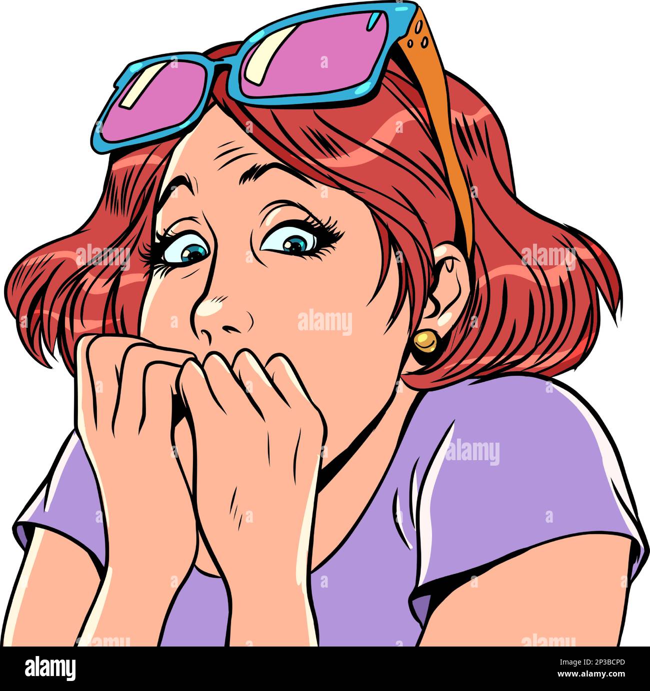 Surprise with an offer or service. Fear of the unknown. The girl with glasses reacted emotionally to what she saw. Stock Vector