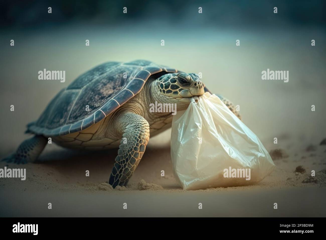 Turtle with a plastic bag in its mouth on the sand. Plastic pollution in ocean environmental