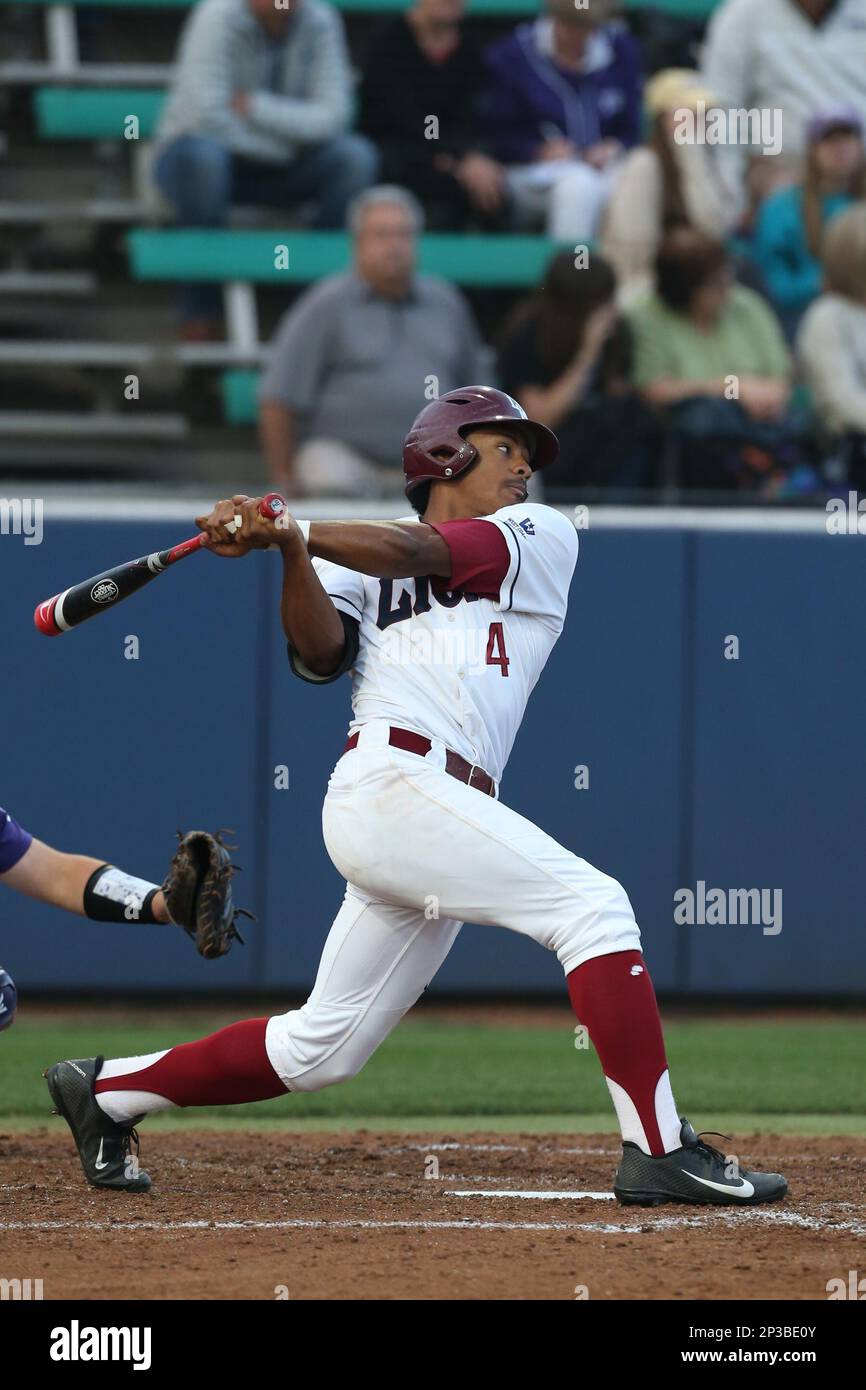 Billy Wilson (4) of the Loyola Marymount Lions bats during a game against  the TCU Horned Frogs at Page Stadium on March 16, 2015 in Los Angeles,  California. TCU defeated Loyola, 6-2. (