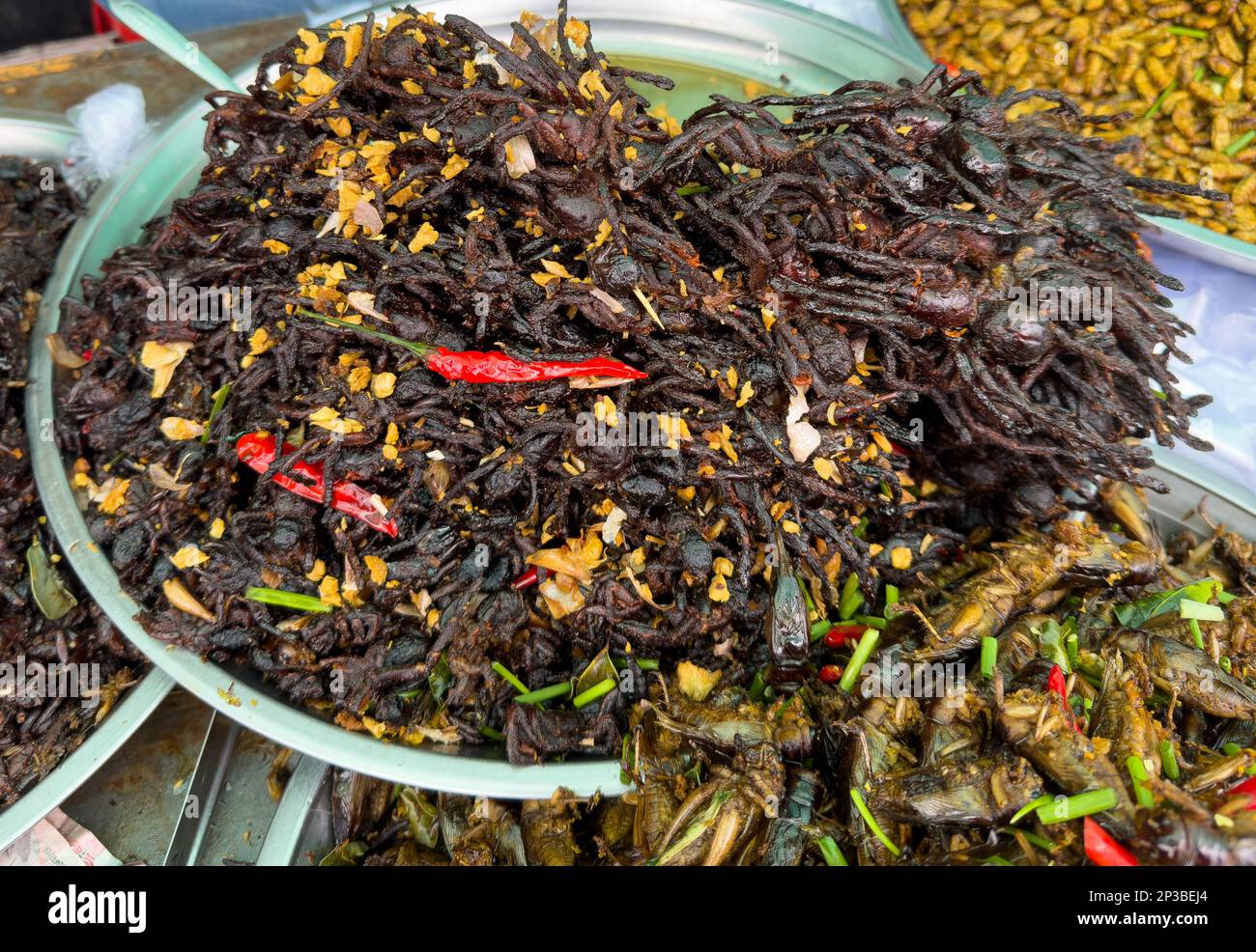 A large bowl of sauteed tarantula spiders on sale at Skun Insect Market in Cambodia. Stock Photo