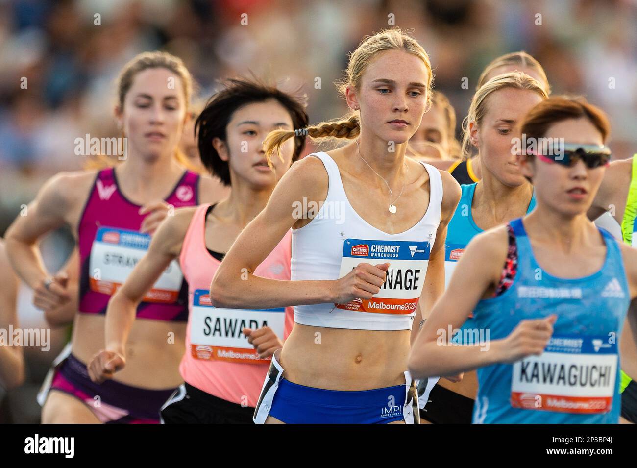 Opening stages of the Women’s 3000m at the Maurie Plant Meet held at Lakeside Stadium, Melbourne on 23/02/23. Stock Photo