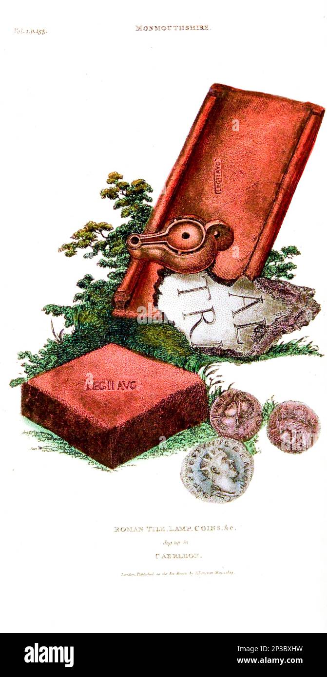Roman Tile, Lamp, Coins, Etc. dug up in Caerleon from the book ' Descriptive excursions through South Wales and Monmouthshire. In the year 1804, and the four preceding summers ' Volume 1 by Edward Donovan, 1768-1837. Publication date 1805 Printed for the author by Rivington, etc, London Stock Photo