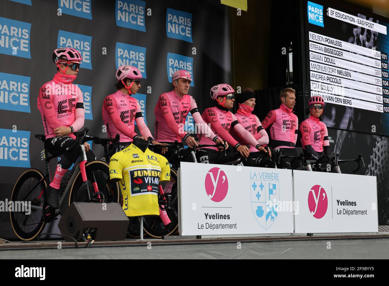 EF Education-EasyPost riders pictured at the team presentation ahead of the first stage of 81st edition of the Paris-Nice eight days cycling stage race, from and to La Verriere (169,4km), Sunday 05 March 2023. BELGA PHOTO DAVID PINTENS Stock Photo