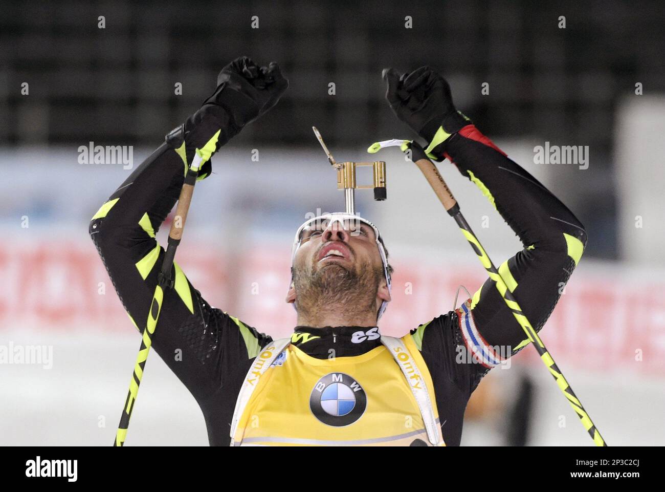 Martin Fourcade of France reacts after finishing the Mens Individual 20km competition during IBU Biathlon World Championships in Kontiolahti, Finland on Thursday March 12, 2015