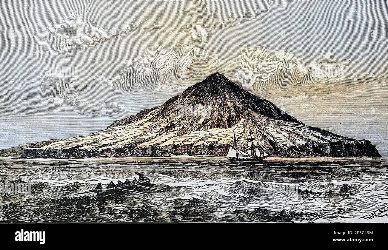 View of Krakatau (Krakatao) from Southeast Drawn by Theodore Weber Chapter XXI - The Malays from Cyclopedia universal history : embracing the most complete and recent presentation of the subject in two principal parts or divisions of more than six thousand pages by John Clark Ridpath, 1840-1900 Publication date 1895 Publisher Boston : Balch Bros. Volume 6 History of Man and Mankind Stock Photo