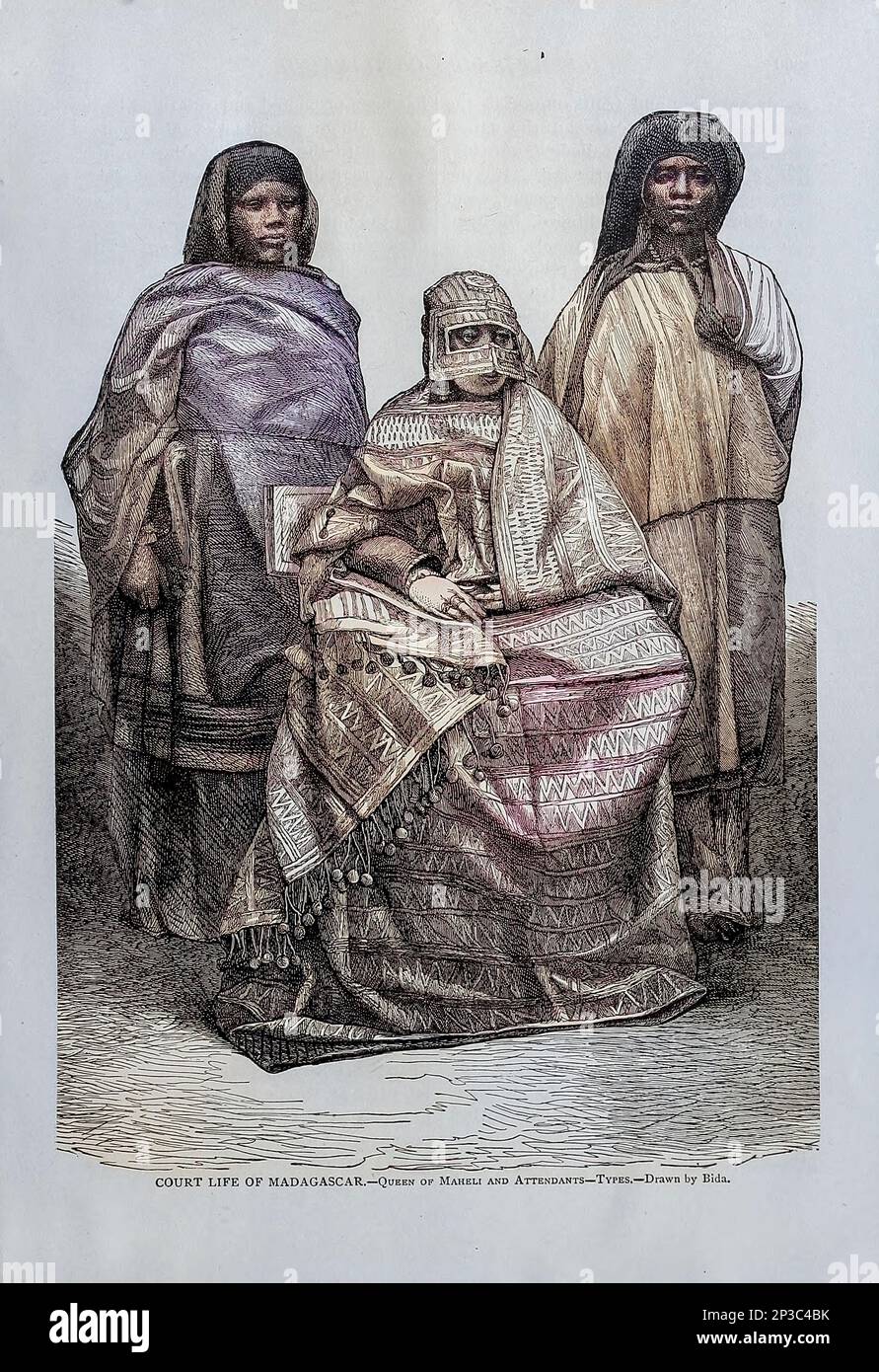 COURT LIFE OF MADAGASCAR. Queen of Maheli and Attendants Drawn by Bida Chapter XXI - The Malays from Cyclopedia universal history : embracing the most complete and recent presentation of the subject in two principal parts or divisions of more than six thousand pages by John Clark Ridpath, 1840-1900 Publication date 1895 Publisher Boston : Balch Bros. Volume 6 History of Man and Mankind Stock Photo