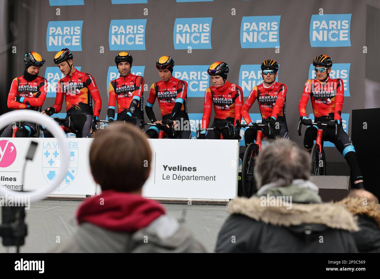 Bahrain Victorious riders pictured at the team presentation ahead of ...