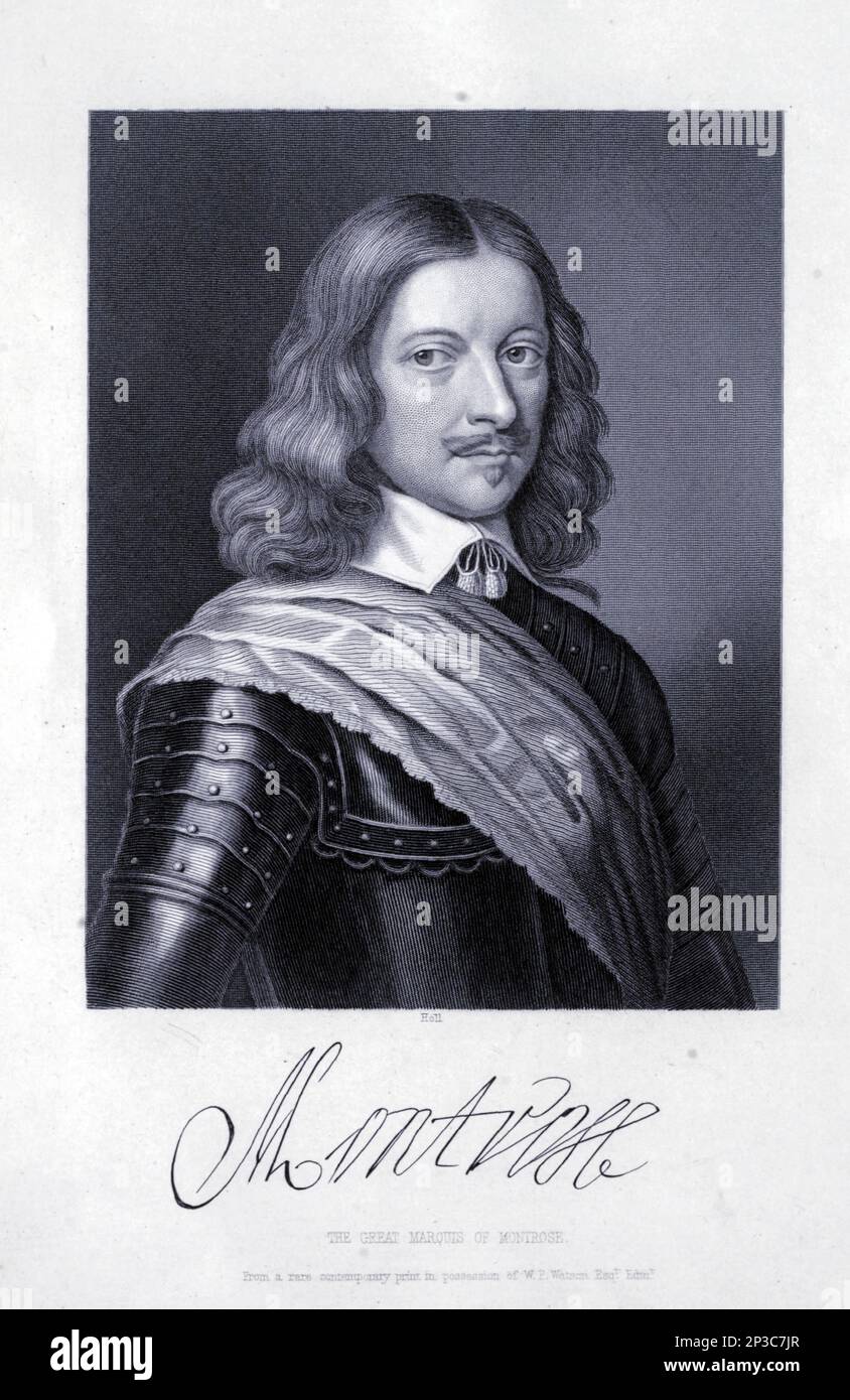 James Graham, 1st Marquess of Montrose (1612 – 21 May 1650) was a Scottish nobleman, poet, soldier and later viceroy and captain general of Scotland. Montrose initially joined the Covenanters in the Wars of the Three Kingdoms, but subsequently supported King Charles I as the English Civil War developed. From 1644 to 1646, and again in 1650, he fought in the civil war in Scotland on behalf of the King. He is referred to as the Great Montrose. from the book ' A history of the Scottish Highlands, Highland clans and Highland regiments ' Volume 1 by Maclauchlan, Thomas, 1816-1886; Wilson, John, 178 Stock Photo