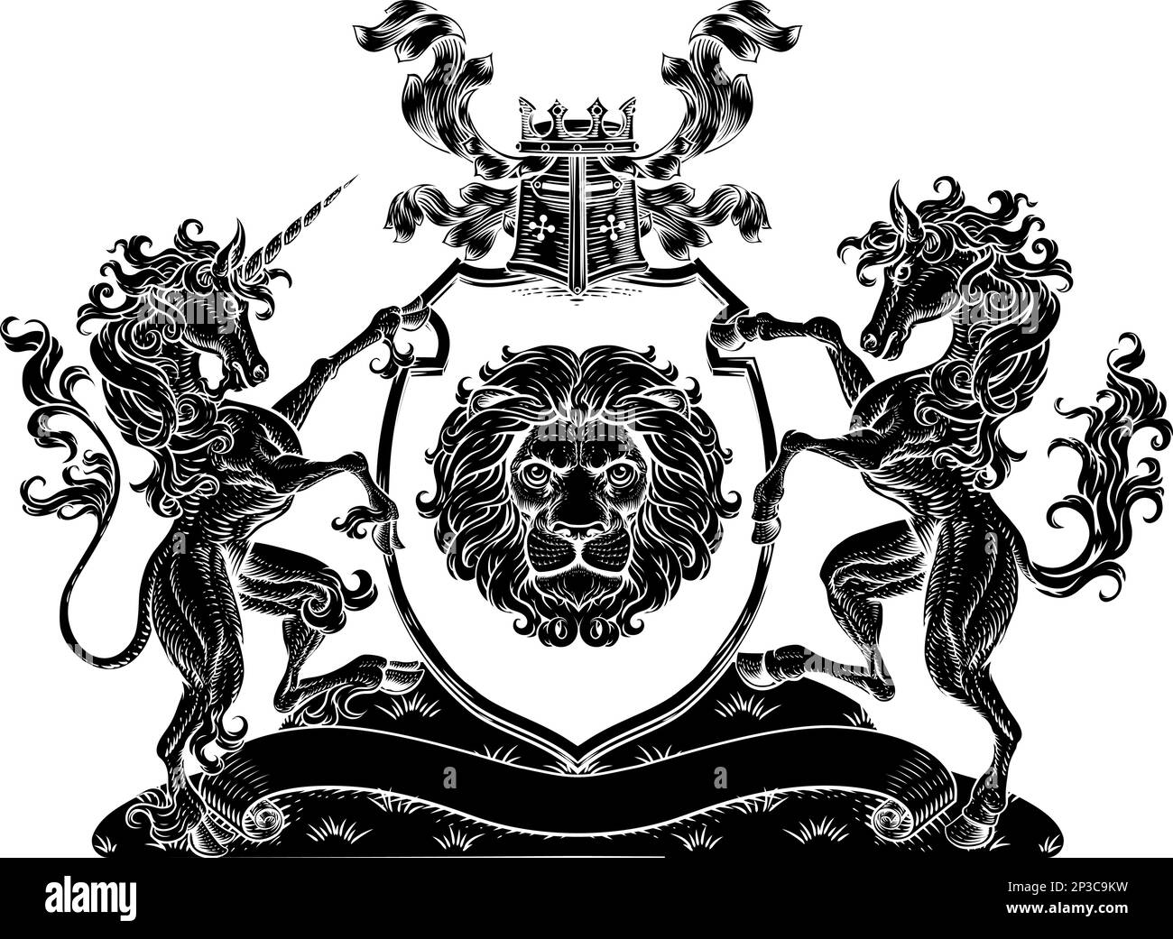 Crest Unicorn Horse Coat of Arms Lion Shield Seal Stock Vector