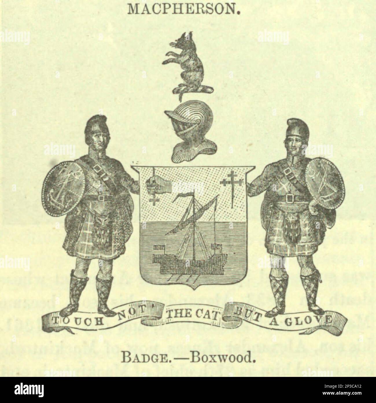 Macpherson coat of arms, crest, and motto, from the book ' A history of
