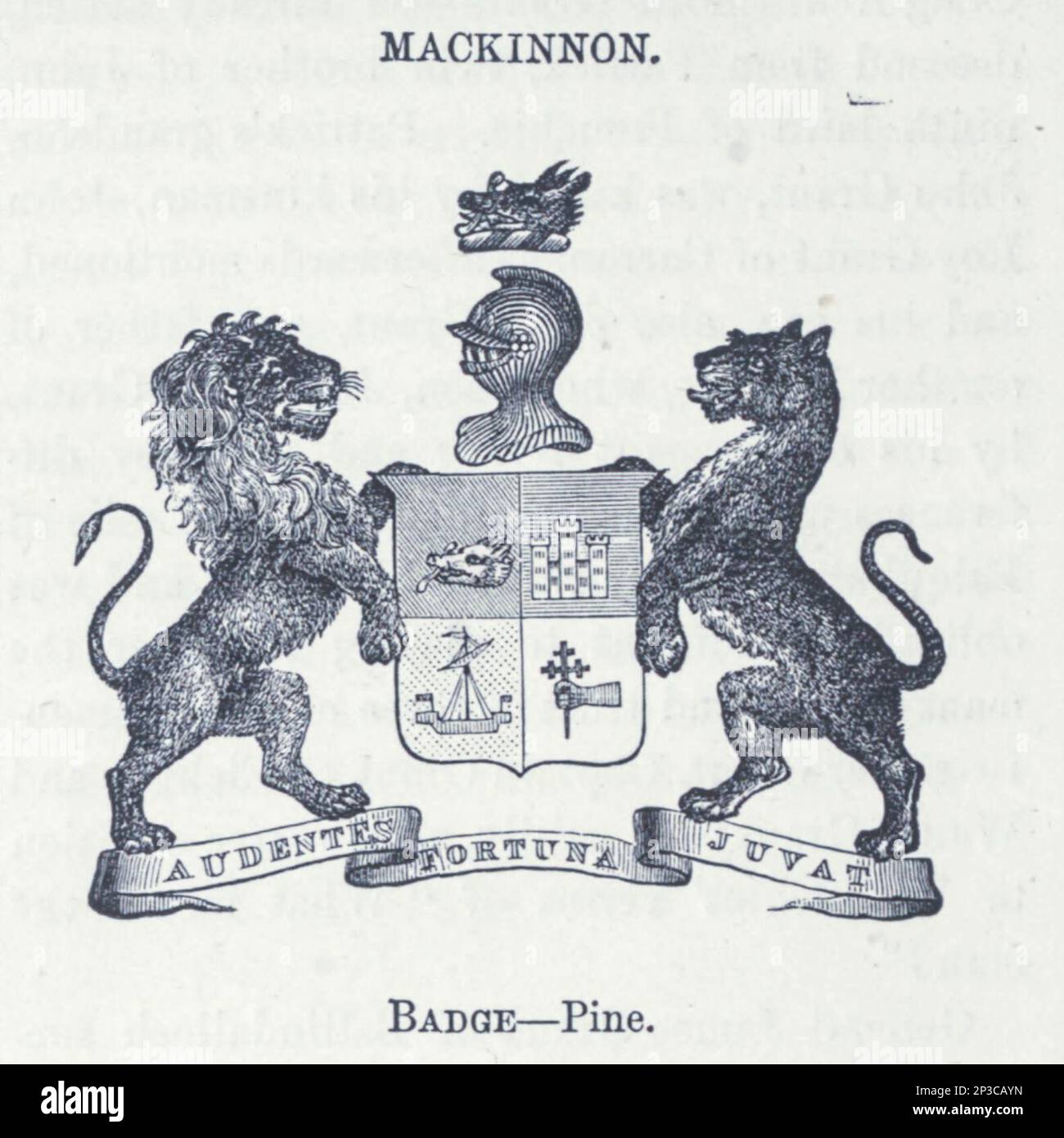 Mackinnon coat of arms, crest, and motto from the book ' A history of the Scottish Highlands, Highland clans and Highland regiments ' Volume 2 by Maclauchlan, Thomas, 1816-1886; Wilson, John, 1785-1854; Keltie, John Scott, Sir, 1840-1927 Publication date 1875 publisher Edinburgh ; London : A. Fullarton Stock Photo