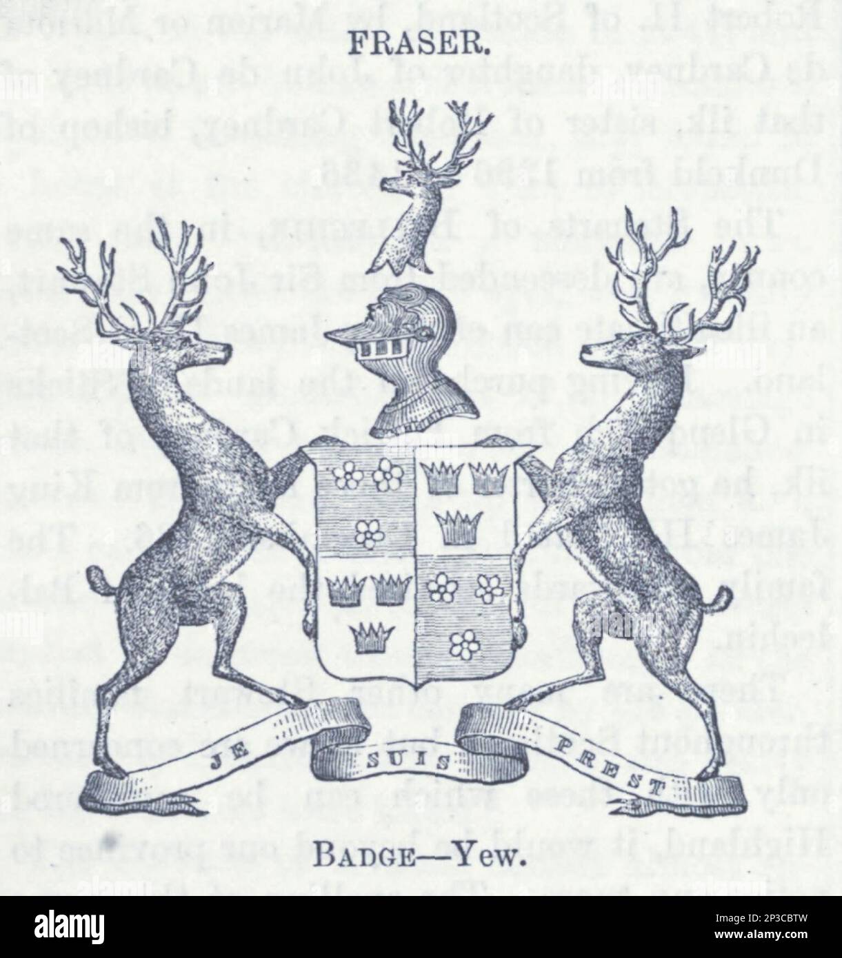 Fraser coat of arms, crest, and motto from the book ' A history of the Scottish Highlands, Highland clans and Highland regiments ' Volume 2 by Maclauchlan, Thomas, 1816-1886; Wilson, John, 1785-1854; Keltie, John Scott, Sir, 1840-1927 Publication date 1875 publisher Edinburgh ; London : A. Fullarton Stock Photo