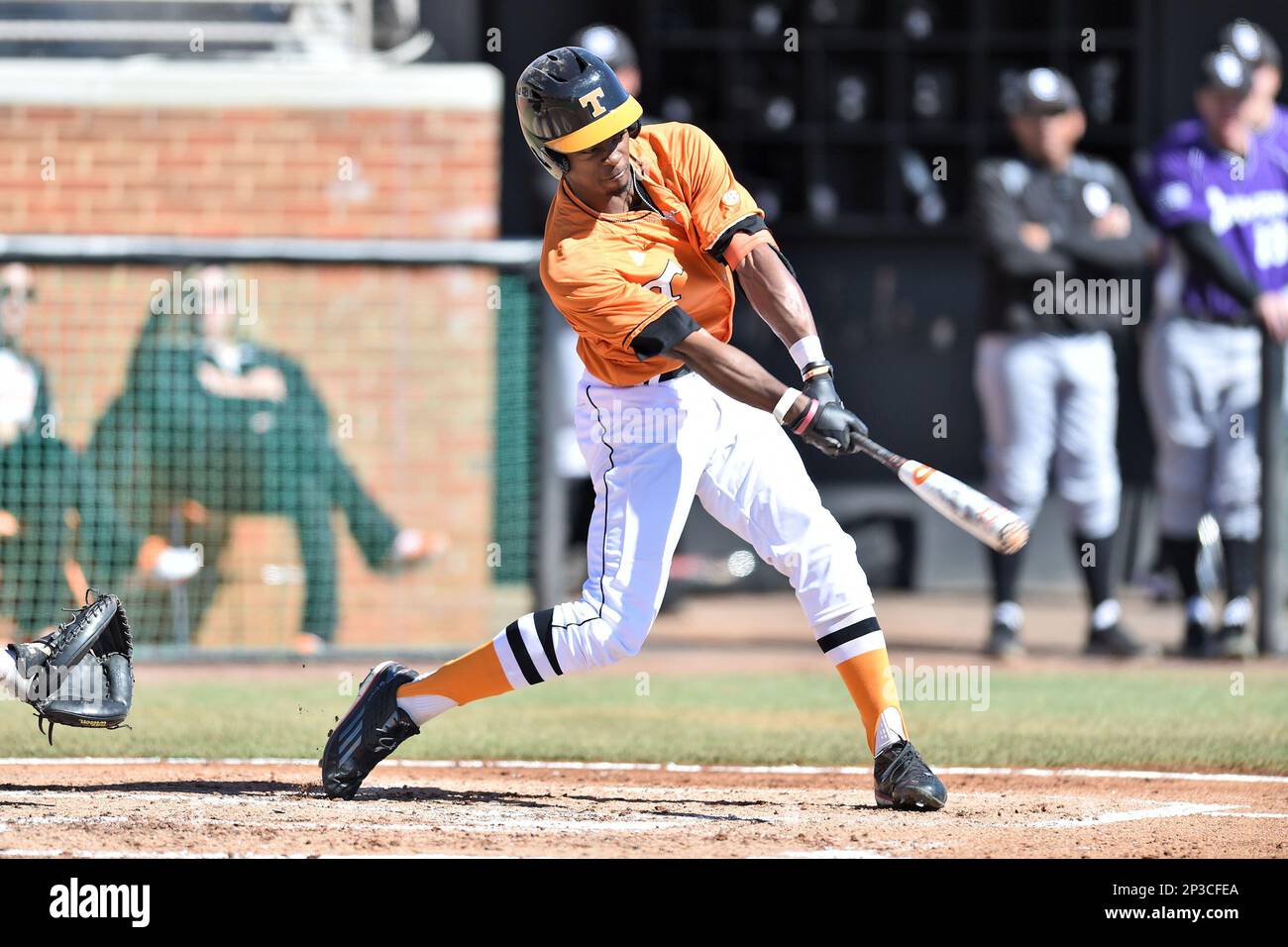 Tennessee Volunteers right fielder Brodie Leftridge 1 swings at