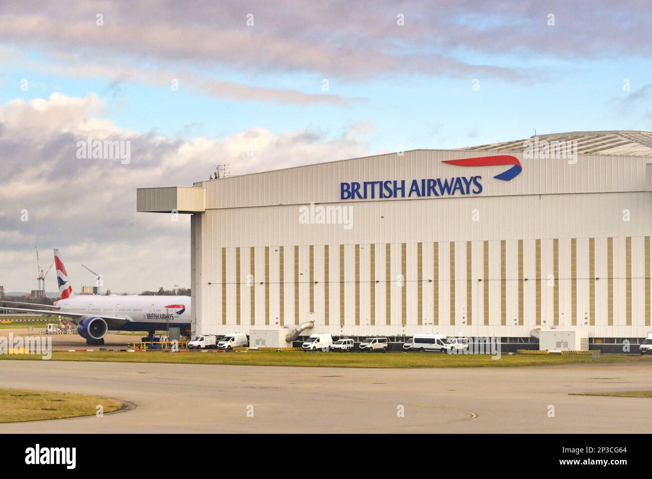 London, England, UK - January 2023: British Airways engineering maintenance hangar at Heathrow airport Stock Photo