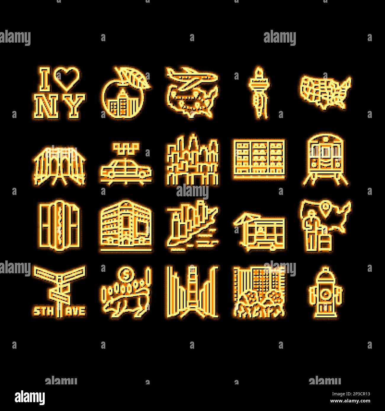 New York American City Landmarks neon glow icon illustration Stock ...