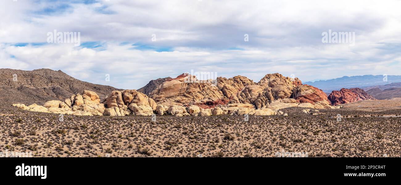 A beautiful, arid, rugged and mountainous scene in the wilderness of Red Rock Canyon in Las Vegas, Nevada, where travel for adventure. Stock Photo
