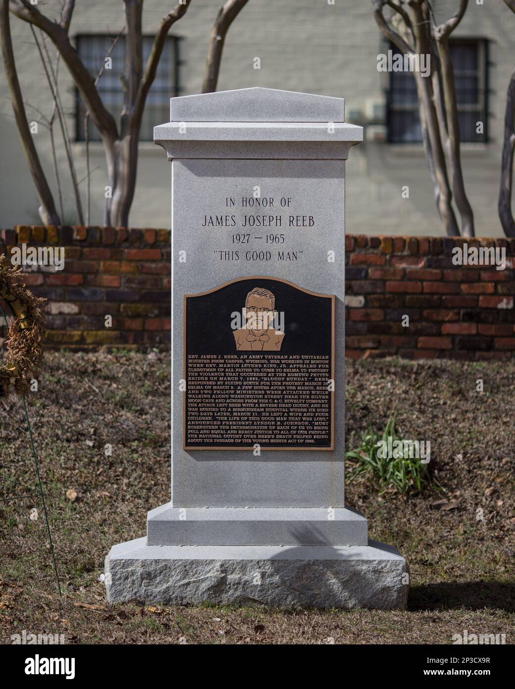 A monument to Rev. James Reeb stands outside the Old Depot Museum in Selma, Ala., on Friday, March 6, 2015. This weekend marks the 50th anniversary of "Bloody Sunday,' a civil rights march in which protestors were beaten, trampled and tear-gassed by police at the Edmund Pettus Bridge, in Selma. (AP Photo/The Casper Star-Tribune, Ryan Dorgan) Stock Photo